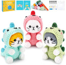 Crochet Kit for Beginners - 3 PCS Dinosaur Cat Crochet Kits with Step-by-Step Video Tutorials, Beginner Crochet Kit for Adults Kid, Crochet Animal Kit for Starters, Cat Dressed as Dinosaur Crochet Set by TinyTreasures Baby Boutique