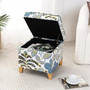 Adeco 18 Inch High Cube Ottoman Storage, Linen Chair Foot Stools, Upholstered Vanity Stool with Hinged Lid, Solid Wood Legs (Blue Leaves) by CozyNest Decor