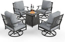 Patio Furniture Set with Fire Pit Table, 5 Pcs Metal Outdoor Conversation Set, 4 Swivel Chairs with 5.75" Extra Thick Cushion and 28" Fire Pit Table for Backyard Deck, Grey by GreenHaven Gardens