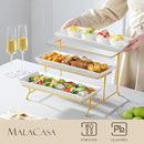 MALACASA 3 Tier Serving Trays for Party, 14 Inch Porcelain White Trays for Serving Food, Dessert Stand with Collapsible Gold Metal Rack by CozyNest Decor
