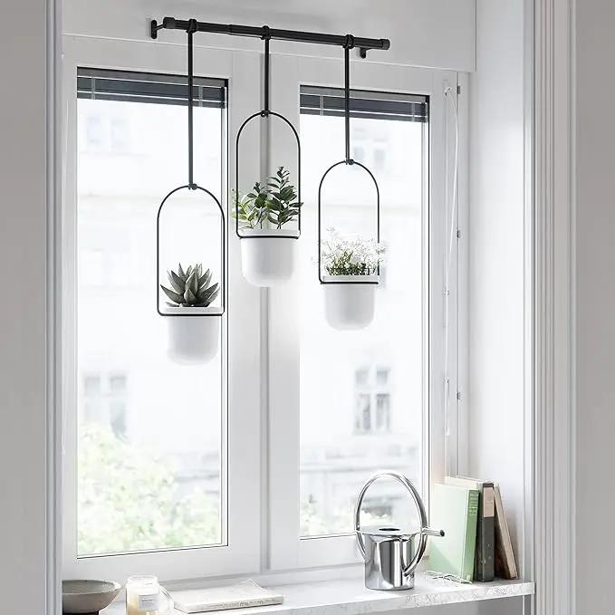 Umbra Triflora Hanging Planter for Window, Indoor Herb Garden, Set of 3, White/Black, photo 4 of 12