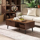 Mid Century Modern Coffee Table with Grooved Drawers & Open Storage, 47" MDF Walnut Wood Center Table with Black Solid Wood Legs, Retro Living Room Furniture by CozyNest Decor