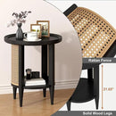 Yusong Round End Table Rattan Side Table with Solid Wood Legs, Boho Style Nightstand Bedside Table with 2-Tier Shelves, Small Coffee Table for Living Room Bedroom Small Spaces Black by CozyNest Decor