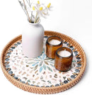 Round Rattan Tray with Mother of Pearl Inlay & Wooden Base - Decorative Wicker Serving Tray for Coffee/Bread/Fruits, Food Storage & Display - Multipurpose Home Decor (M,Fish Scales) by CozyNest Decor