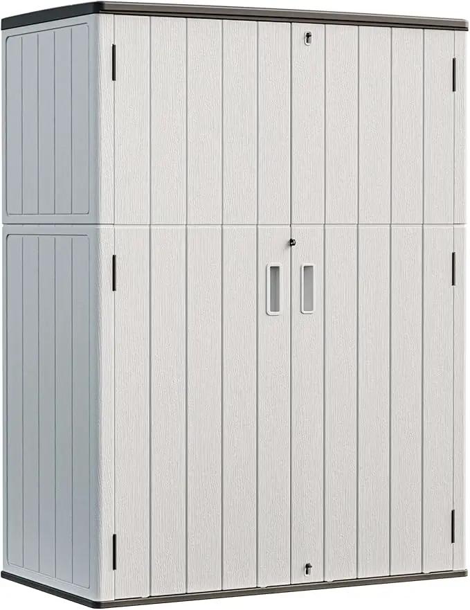 HOMSPARK Outdoor Storage Shed Weather Resistance, Patio Storage Cabinet Lockable Resin Tool Shed for Storage of Bike, Trash Cans, Garden Tools (Light Gray, 66 Cu.ft)
