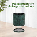 8/7/6 inch Plant Pots, 3 Pack Cylindrical Flower Pots for Outdoor Indoor Plants, Decorative Plastic Planters with Drainage Holes and Saucers for Garden House Plants, Black with Green Speckles by GreenHaven Gardens