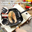 QMVESS Silicone Cooking Utensils Set, Kitchen Utensils Set 7 Pcs with Long Wooden Handle, Food Grade and Heat Resistant Large Silicone Spatula Set for Nonstick Cookware, BPA Free（Black） by CozyNest Decor