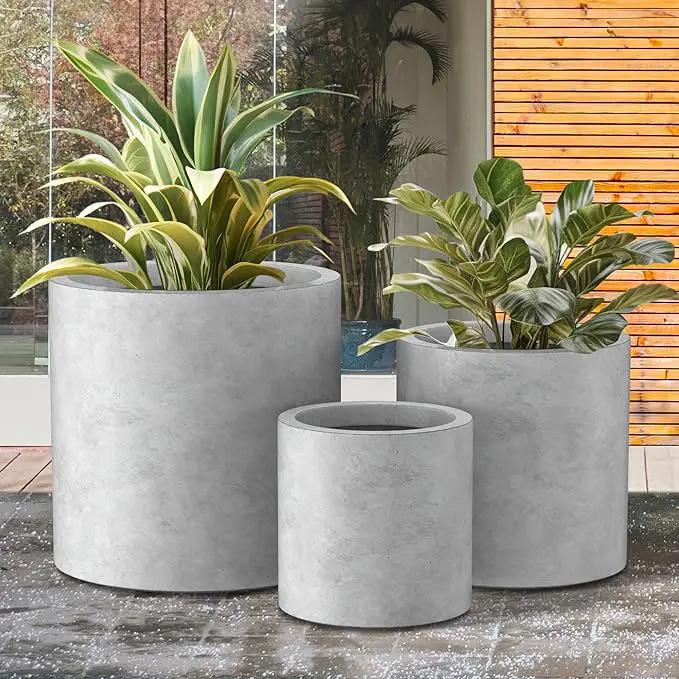 Kante 9.8",12.6",15.7" Dia Round Concrete Planter Set of 3, Modern Style Large Cylindrical Plant Pot with Drainage Hole and Rubber Plug for Indoor Outdoor Patio, Natural Concrete, photo 5 of 8