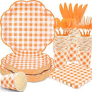 175 Pcs Orange and White Gingham Party Supplies - Orange Gingham Paper Plates and Napkins Sets Serve 25 - Scalloped Checkered Plates for Birthday Picnic Fall Halloween Thanksgivng Party Decorations by CozyNest Decor