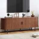 63" TV Stand with Power Outlet, Modern Media Console with Sliding Doors, Entertainment Center for TVs up to 60 Inch, Adjustable Shelves, Walnut by CozyNest Decor