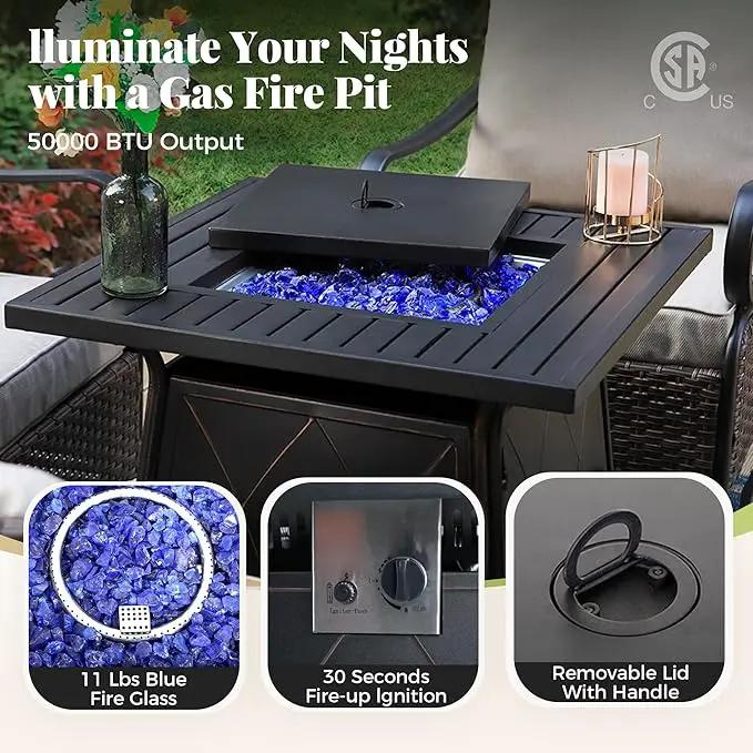 Patio Furniture Set with Fire Pit Table, 5 Pcs Metal Outdoor Conversation Set, 4 Swivel Chairs with 5.75" Extra Thick Cushion and 28" Fire Pit Table for Backyard Deck, Navy Blue, photo 5 of 8