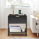 LEVNARY Nightstand with Charging Station, Mid-Century Modern Bedside Table with Curved Top Corners and Storage Drawer, Wooden End Table for Farmhouse Bedroom Living Room (1, Black) by CozyNest Decor