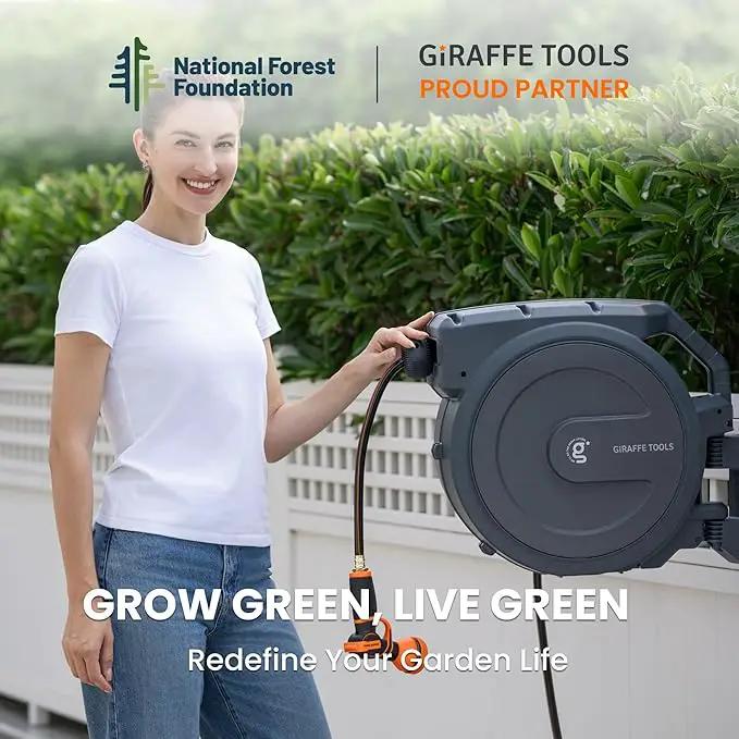 Giraffe Tools Retractable Garden Hose Reel 5/8 inch x 90 ft Hose Reels for Outside, Wall Mounted Water Hose Reel with 180 Deg Swivel Bracket, Any Length Lock, 9 Pattern Hose Nozzle, photo 6 of 6