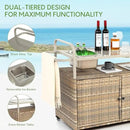 Wicker Outdoor Bar Cart with Ice Bucket, Patio Bar Table with 2 Ratten Doors Cabinet and Casters for Grill, Kitchen and Garden,Beige by CozyNest Decor