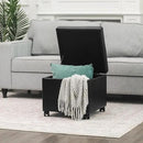 Adeco 17.7" Leather Ottoman with Wheels, Black Square Rolling Ottoman with Storage, Upholstered Button Tufted Vanity Stool with Hinged Lid for Living Room, Bedroom, Dorm by CozyNest Decor