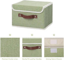 ANMINY 2PCS Storage Bins with Lid PU Leather Handles Storage Boxes PP Plastic Board Decorative Foldable Lidded Cotton Linen Fabric Home Cubes Baskets Closet Organizer Containers - Green, Small Size by CozyNest Decor