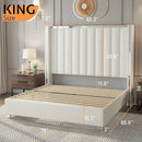 Jocisland King Size Bed Frame with 58" Tall Headboard, Platform Velvet Upholstered Bed with Channel Tufted Wingback Headboard and Plating Trim, No Box Spring Needed, Cream by CozyNest Decor