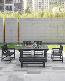 HDPE Outdoor Dining Set of 6, Patio Dining Table Set with 4 Chairs and 1 Bench, 6 Pieces HDPE Dining Set with Umbrella Hole, Outdoor Furniture Sets for Deck, Poolside, Garden, Obsidian by CozyNest Decor