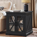 24" End Table with Charging Station, Farmhouse Night Stand with Glass Barn Door, Black Nightstands with Adjustable Storage Shelf, Large Wood Square Bed Side Table for Living Room,Bedroom by CozyNest Decor