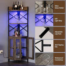 Corner Bar Cabinet with Power Outlet, 5-Tier Corner Wine Cabinet with Led Strip and Glass Holder, Industrial Tall Liquor Cabinet Bar Wine Rack for Home, Grey Oak by CozyNest Decor
