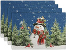 Blue Snowman Christmas Placemats Set of 4 Xmas Tree Cardinal Snowflakes Linen Table Mats Seasonal Winter Holiday Place Mats Washable Placemat for Party Kitchen Dining Outdoor Indoor Decor by CozyNest Decor