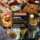 SPATUAMZ Wooden Cooking Spoons, Ladle and Spatula, Fine Polished Teak Wood Cooking Utensils Set of 6, Nonstick Wooden Kitchen Spoon & Spatula Set by CozyNest Decor