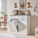 Double Tilt Out Laundry Hamper Cabinet, 20 Gallon Farmhouse Trash Can Cabinet with Drawer, Hidden Wood Garbage Can Bin Cabinets with Laundry Storage Basket for Bathroom, Kitchen (Antique White) by CozyNest Decor