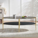 Oval Glass Coffee Table, Mid-Century Modern Design, L43 x W22 x H17 inch, Surfboard Shaped Grey Glass Top and Black Marble Finish Wood Shelf, Tapered Legs with Gold Finish Frame by CozyNest Decor