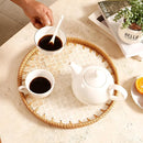 Round Rattan Tray with Mother of Pearl Inlay & Wooden Base - Decorative Wicker Serving Tray for Coffee/Bread/Fruits, Food Storage & Display - Multipurpose Home Decor (M,Fish Scales) by CozyNest Decor