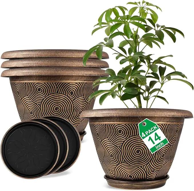 14 Inch Large Planter Pot for Plants Indoor Outdoor, 4 Pack Plastic Flower Pots with Drainage Hole & Tray, Modern Decorative Garden Pot with Saucer, Plant Container for House