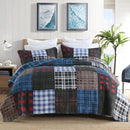 NEWLAKE Quilt Set Queen Size, Cotton Patchwork Blue Black Checkered Patterns Quilt Sets, Reversible Bedspread Lightweight and Breathable for All Seasons, Soft Quilted Bedspread with 2 Pillow Shams by CozyNest Decor