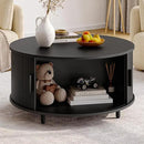 Round Coffee Table with Storage, 31.5" Modern Coffee Table with 360° Curved Sliding Door, Fluted Wood Accent Coffee Table with Adjustable Footpads, Round Center Table for Living Room, Black by CozyNest Decor