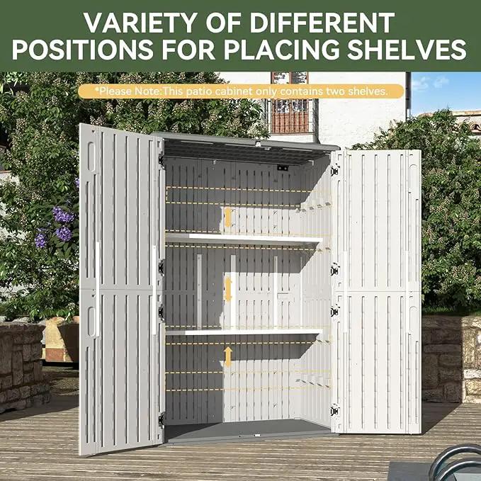 Aoxun White Resin Outdoor Storage Shed with 2 Shelves & Floor, 64 Cu.Ft Vertical Waterproof Cabinet for Garage, Pool, Bike, Garden Tools, Patio Furniture, photo 5 of 8