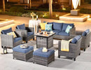 ovios 8 Pieces Patio Furniture Set with 30" Fire Pit Table, Outdoor Wicker Sofa with Comfy Cushions, All Weather High Back Rattan Couch Conversation Set, Denim Blue by GreenHaven Gardens