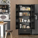 75" Kitchen Pantry Cabinet with Drawer, Metal Storage Cabinets with Doors and 4 Adjustable Shelves,Black Kitchen Cabinet with 2 Gold Handles,Food Cupboard for Livingroom,Pantry by CozyNest Decor