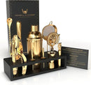 Highball & Chaser Bartender Kit with Espresso Bamboo Stand. Beautiful Cobbler Cocktail Shaker Set with Bar Tools Rustproof Stainless Steel Bar Set (Matte Gold) by CozyNest Decor
