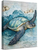 Coastal Sea Turtle Canvas Wall Art Turtle Nautical Ocean Theme Print Poster Framed Picture Painting for Home Beach House Bedroom Wall Decor 11x15 Inch by CozyNest Decor