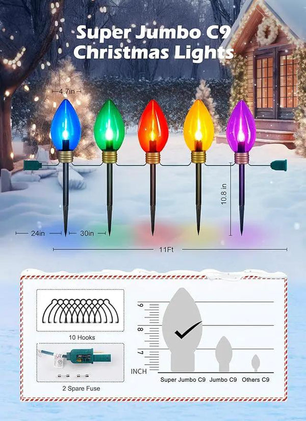 2 Pack Super Jumbo Christmas String Lights or Pathway Marker Lights, Outdoor Xmas Decorations- 11Ft 5 LED Jumbo C9 Hanging Lights Waterproof Lawn Dec for Holiday Home Tree Roof Yard Garden, Multicolor, photo 2 of 7