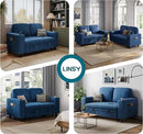 LINSY HOME Loveseat Sofa with Pull Out Couch Chaise: 2-in-1 Convertible 2 Seater Sofa with USB Charging & Cup Holders, Comfy Plush Corduroy Love Seat for Small Spaces Living Room Apartment, Blue by CozyNest Decor