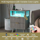 Nightstand with Charging Station and LED Lights,Modern Bedside Table with 2 Storage Drawer and Open Wood Shelf, for Bedroom and Small Spaces,Night Stand with Solid Wood Legs,GreyOak by CozyNest Decor