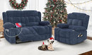 Loveseat Recliner Sofa Set with 2+1 Pieces, 2 Seater Minimalist Style Fabric Manual Pull Tab Reclining Loveseat with USB Charge Ports, Cup Holders, Recliner Couches for Living Room, RV, Blue by CozyNest Decor