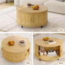 Round Coffee Table with Storage, 31.5" Modern Coffee Table with 360° Curved Sliding Door, Fluted Wood Accent Coffee Table with Adjustable Footpads, Round Center Table for Living Room, Oak by CozyNest Decor