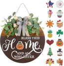 Interchangeable Seasonal Welcome Sign for Front Door, Rustic Round Wood Wreath Wall Hanging Decorations, for Spring Summer Fall Winter All Holiday Halloween Christmas Farmhouse Outdoor Home Decor by CozyNest Decor