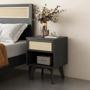 MUSEHOMEINC Nightstand, Boho Bedside Table with Rattan Drawer Open Shelf, Black Wooden Night Stand with Storage, Mid Century Modern End Table for Bedroom, Living Room,Dorm and Small Spaces by CozyNest Decor