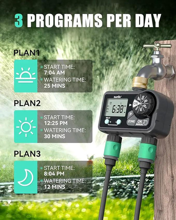 RAINPOINT Brass Sprinkler Timer 2 Stations, Large Digital Water Timer for Garden Hose with 6 Programmable Procedure, with Delay/Manual/Auto Irrigation Mode for Week/Specific/Daily Watering, photo 2 of 7