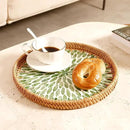 Round Rattan Tray with Mother of Pearl Inlay & Wooden Base - Decorative Wicker Serving Tray for Coffee/Bread/Fruits, Food Storage & Display - Multipurpose Home Decor (M,Green Leaves) by CozyNest Decor