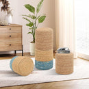 Pouf Ottomans, Handwoven Natural Straw Footstool, Round Braided Outdoor Patio Stool with Wood Frame, Boho Decor Accent Seat Balcony, or Garden (Blue) by CozyNest Decor