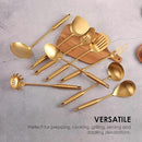 Gold Kitchen Utensils Set - 18/10 Stainless Steel Cooking Tools, 15" All Metal Serving Utensils with Fork, Solid/Slotted Spoon, Spatula, Ladle, Skimmer, Tunner, Pasta Spoon, Large Spoon, Set of 9 by CozyNest Decor