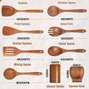 9 Piece Natural Teak Wooden Kitchen Utensil Set with Spoon Rest - Comfort Grip Cooking Spoons and Utensils Holder by CozyNest Decor