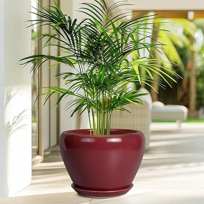 10 Inch Plant Pot - Ceramic Planter Pot with Drainage Hole and Saucer Large Planter for Indoor Plants Round Outdoor Flower Pot Mid-Century Decor Red, photo 4 of 7